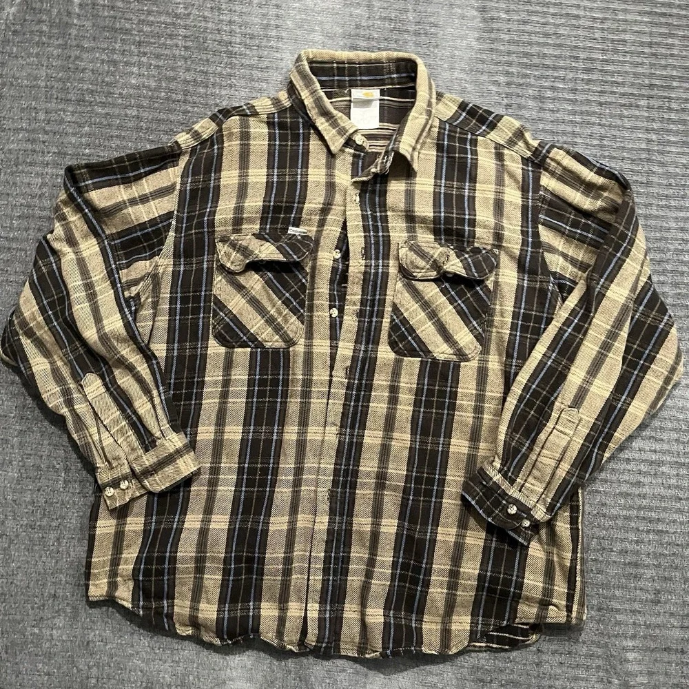 Vintage Carhartt Shirt Mens Large Flannel Plaid Black Brown Button-Up USA 90s